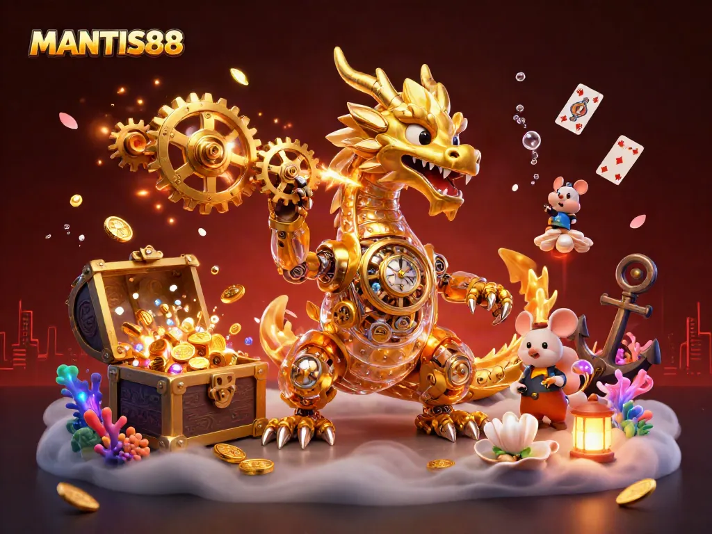 Engage with MANTIS88 as the golden dragon breathes gears in a vibrant casino-themed scene.
