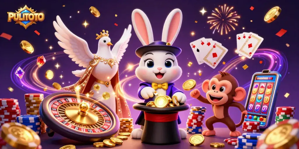 PULITOTO celebrates with a vibrant scene featuring a magician rabbit, dove, and monkey amidst cascading rewards.