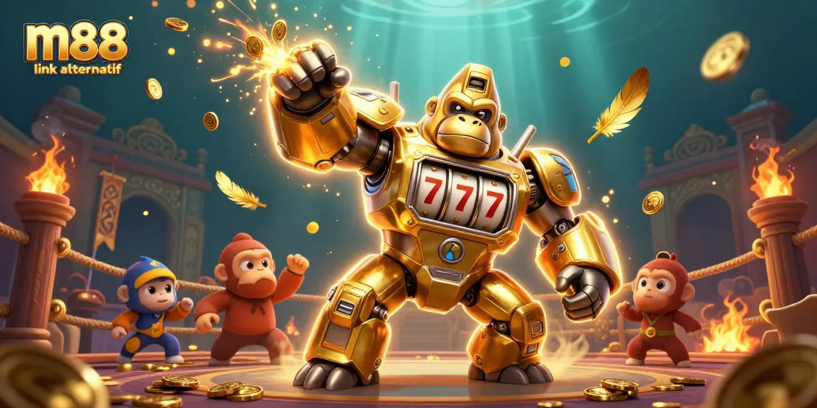 Engage with thrilling m88 link alternatif action as the golden mech bursts with coins in a lively casino scene.