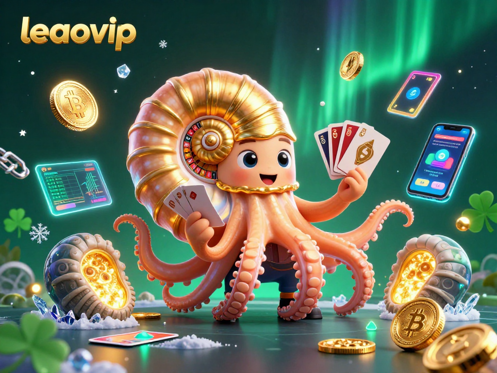 Engage with leaovip's vibrant gaming scene, featuring a giant nautilus roulette and glowing crypto elements.