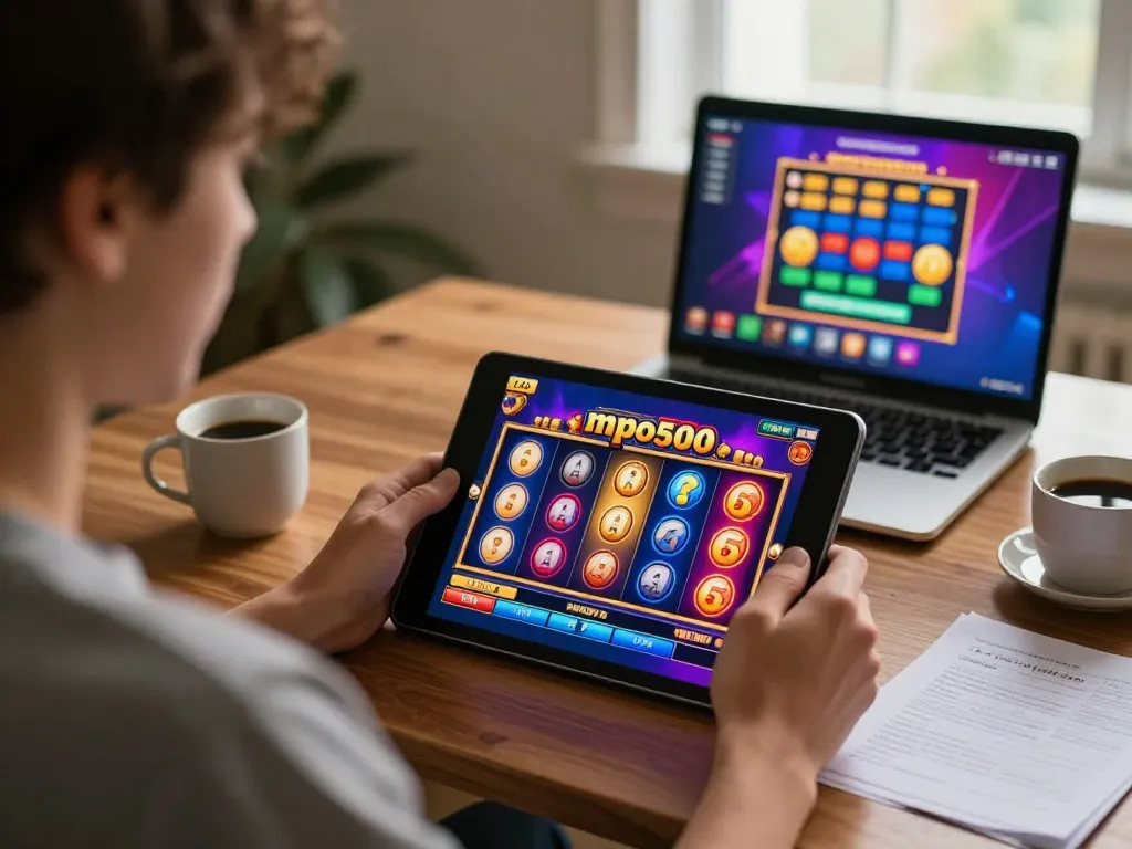 Player strategizing on mpo500 slots using tablet at home, showcasing a cozy and engaging gaming environment.