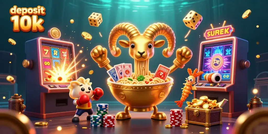 Slot permainan dengan deposit 10k, ilustrasi 3D penuh warna, karakter unik dan mesin slot.