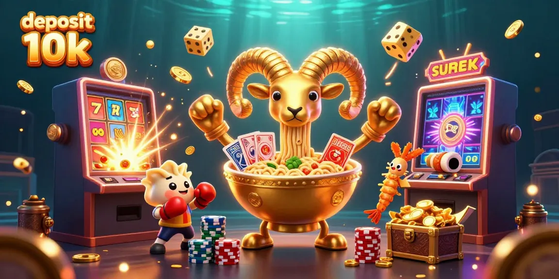 Slot permainan dengan deposit 10k, ilustrasi 3D penuh warna, karakter unik dan mesin slot.
