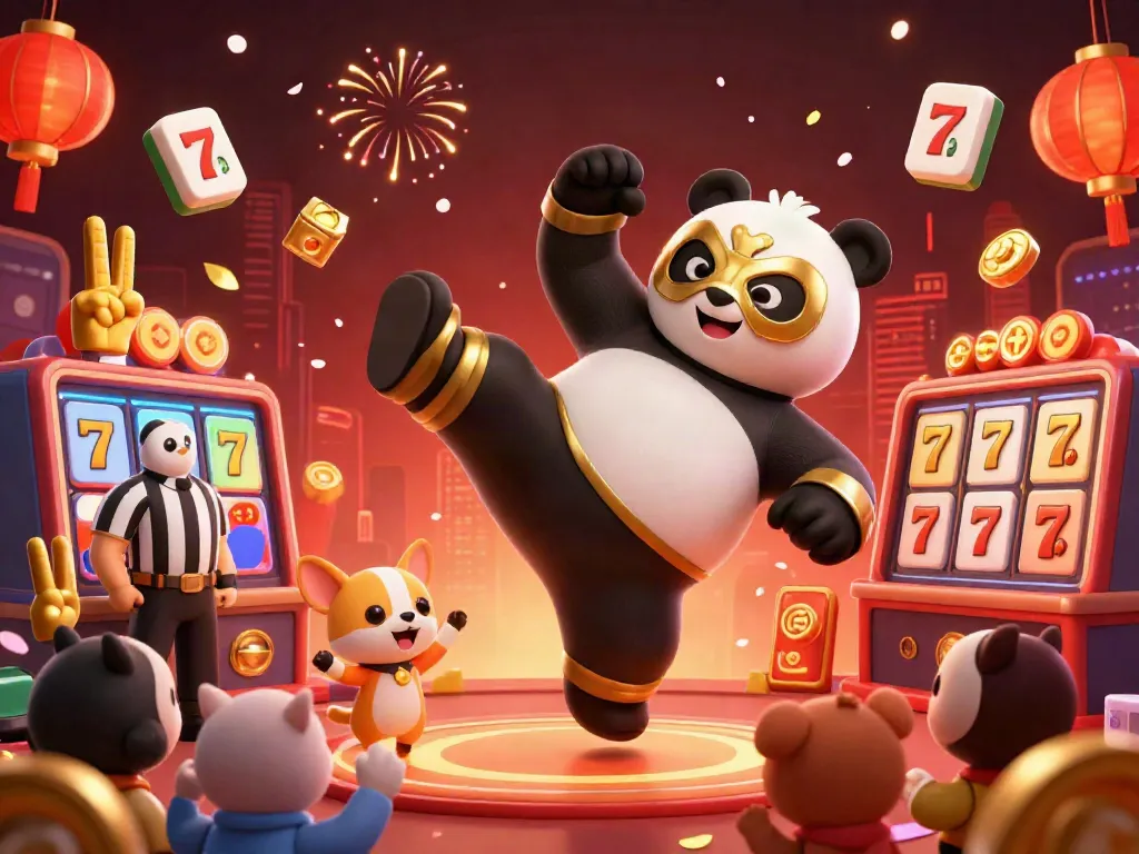 SOMATOTO casino scene featuring a panda wrestler kicking, with bright game symbols and lively spectators.