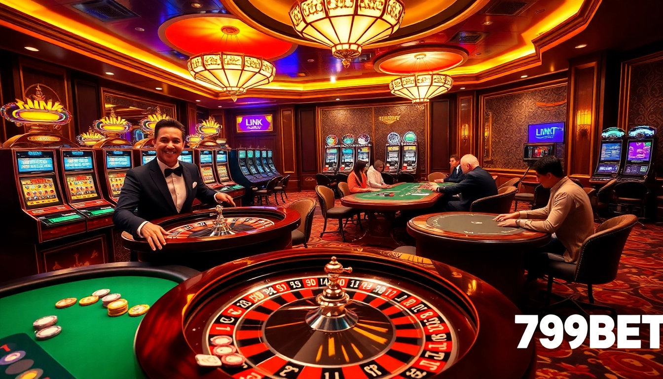 Experience the excitement of Link 789BET with vibrant casino visuals featuring roulette, poker, and slot machines.