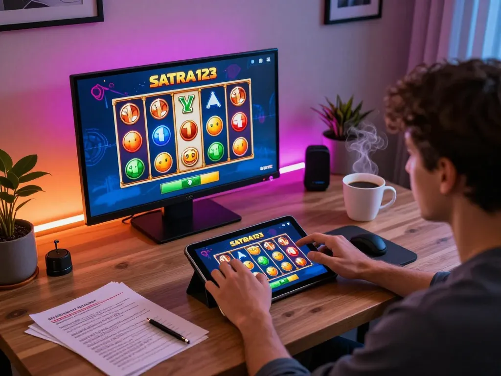 SATRIA123 player enjoying a vibrant online slot game experience on a tablet with winning icons displayed.