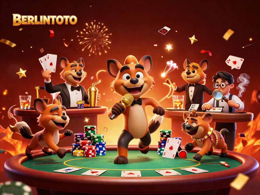 Experience thrilling moments at BERLINTOTO with a vibrant casino scene featuring hyenas in a comedy club setting.