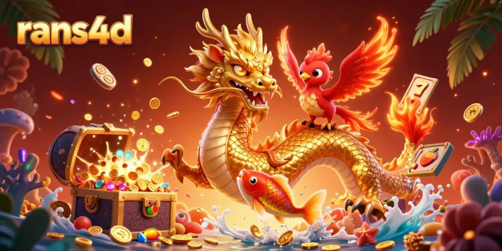 RANS4D menghadirkan ilustrasi digital dengan naga emas, phoenix merah, dan ikan koi beruntung di tengah koin berhamburan.