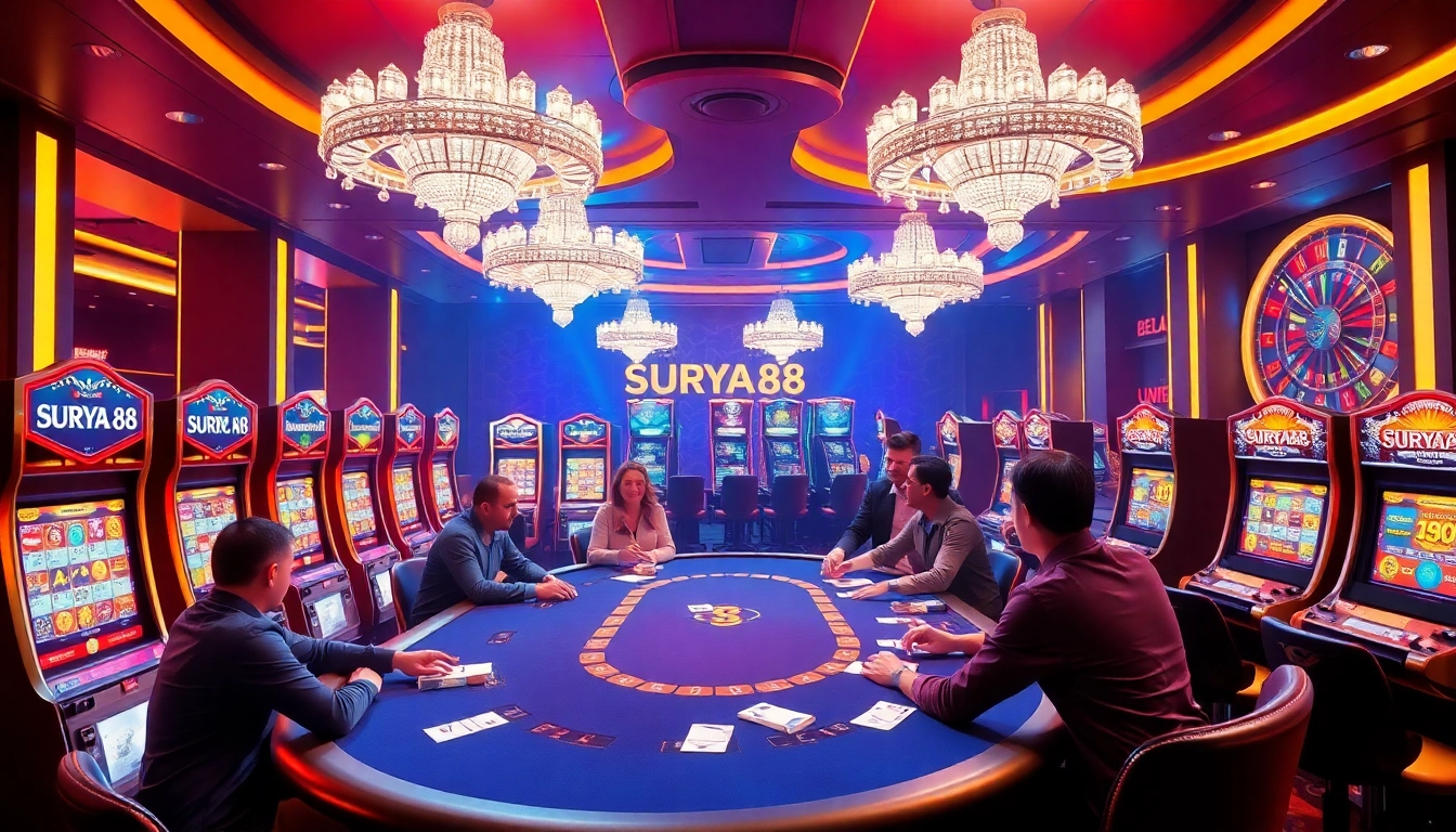 Para pemain menikmati poker di SURYA 88, menampilkan suasana kasino yang seru dengan mesin slot yang berwarna-warni.