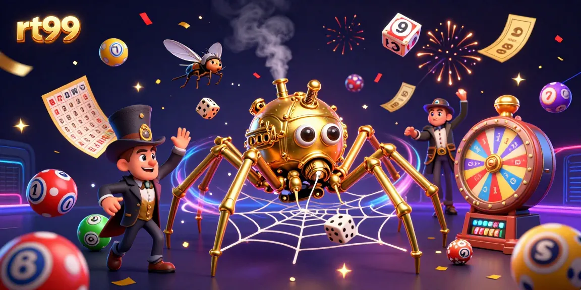 Engage in thrilling games with rt99's vibrant casino-themed illustration featuring colorful lottery elements.