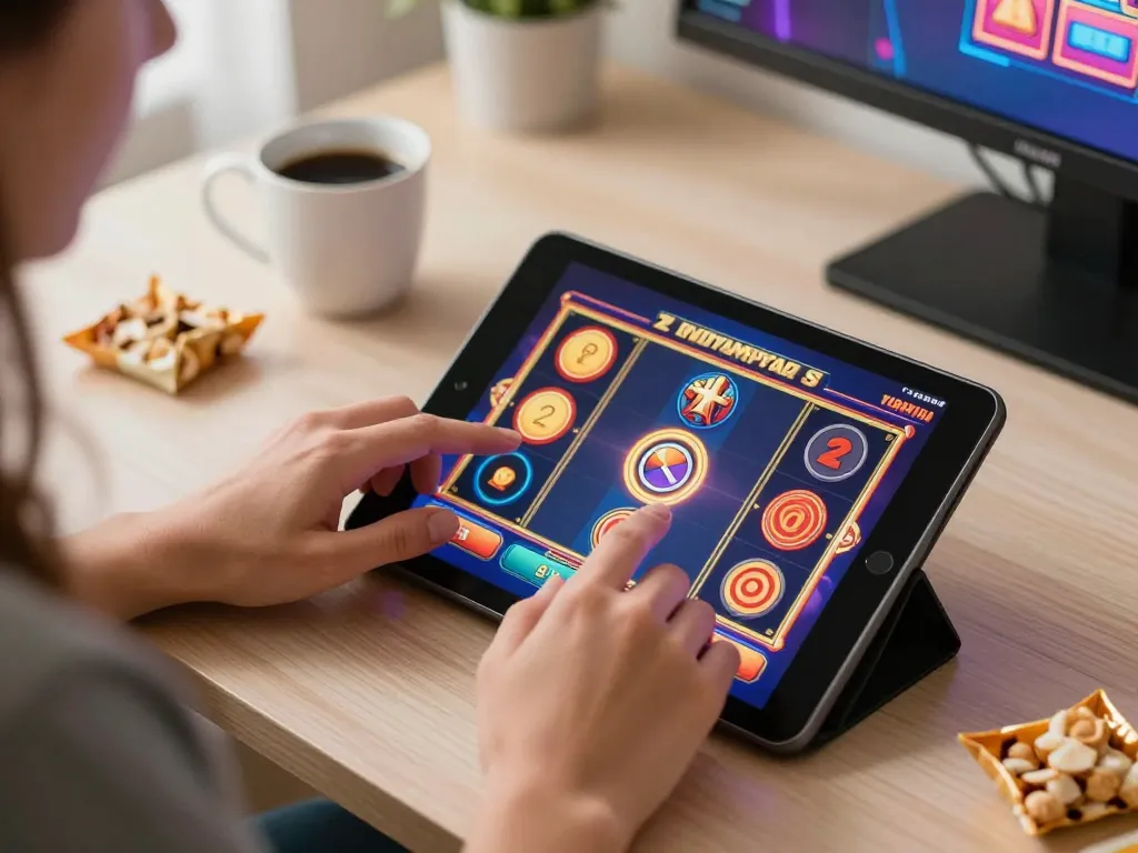 Engaging with IDCASH88 Alterantif through exciting online slot gameplay on tablet in a cozy home setting