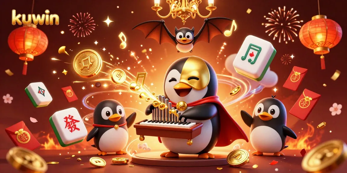 Kuwin showcases an engaging 3D scene with a penguin organist, golden coins, and vibrant acrobatics that enhance the gaming atmosphere.