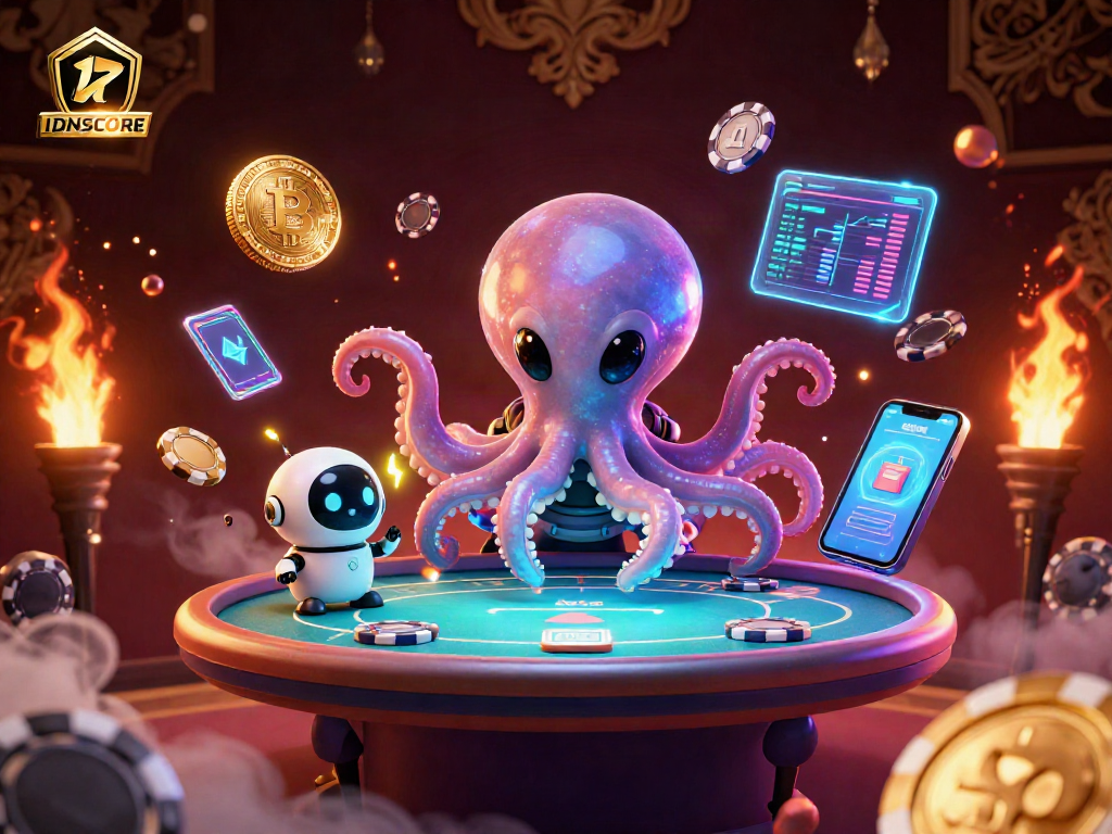 Experience IDNSCORE with a captivating alien octopus poker scene featuring holographic elements.