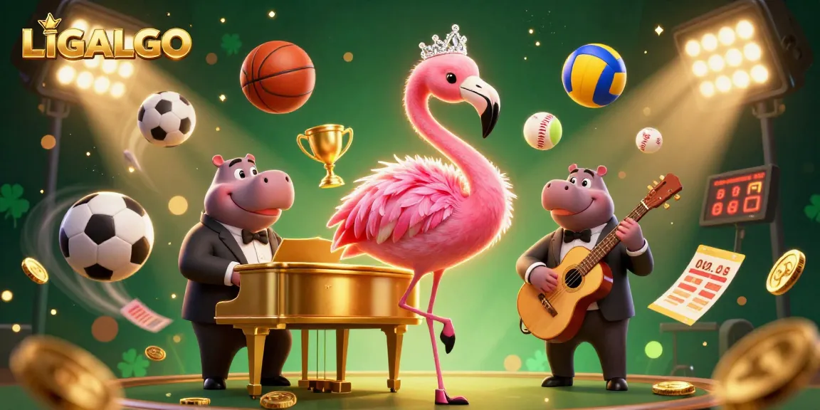 LIGALGO highlights high-energy casino action with gaming elements and vibrant characters in a dynamic illustration.