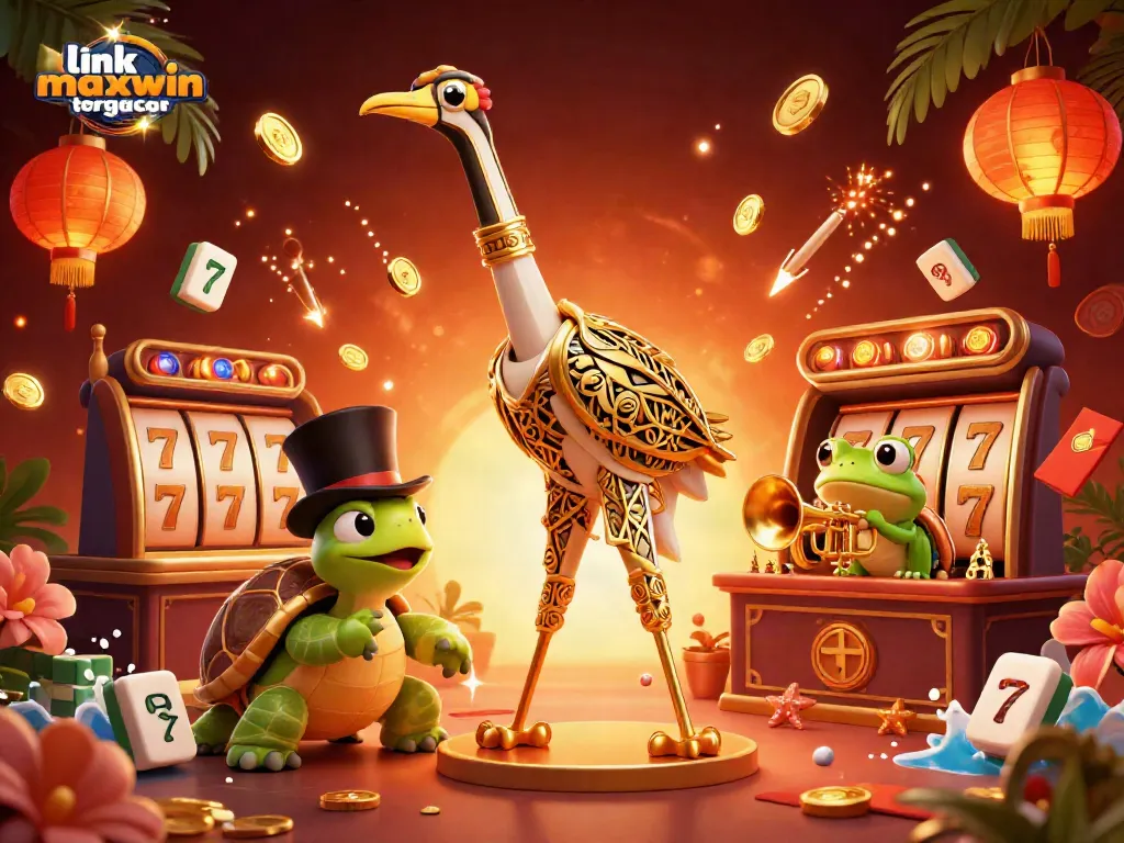 Engage with link maxwin tergacor in this vibrant 3D casino-themed illustration featuring dynamic slots and cheerful characters.