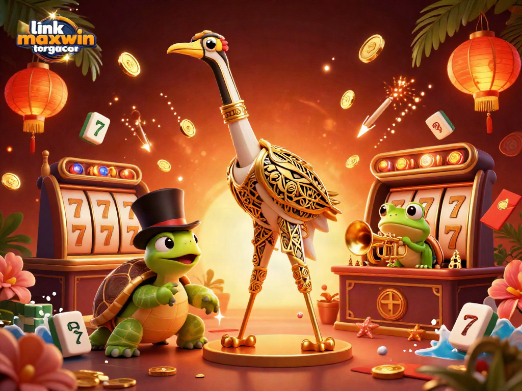 Engage with link maxwin tergacor in this vibrant 3D casino-themed illustration featuring dynamic slots and cheerful characters.
