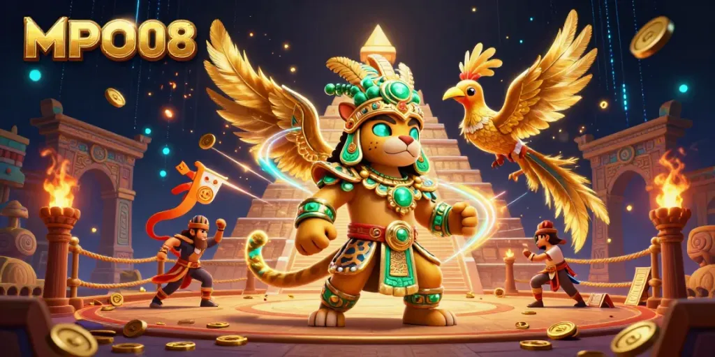 Experience the thrill of MPO08 with Mayan jaguar priest and quetzal bird in an extravagant casino setting.
