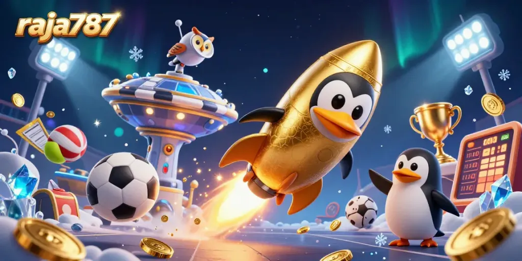 raja787 menawarkan pesta permainan kasino dengan penguin emas, bola olahraga, dan trofi berkilau.