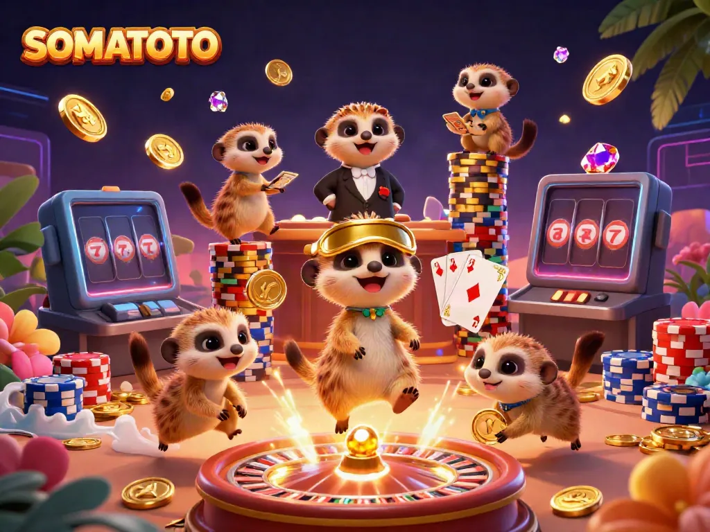 SOMATOTO's meerkat casino with vibrant lights and casino elements illustrating a fun gambling experience.