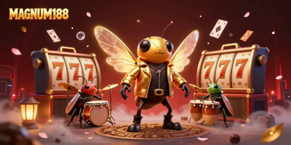 Experience the excitement at MAGNUM188 with a lively scene featuring a rock star cicada and dynamic casino elements.