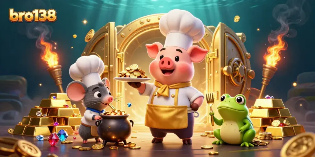 Experience thrill with bro138's lucky chef pig and sparkling treasures in this vibrant gaming scene.