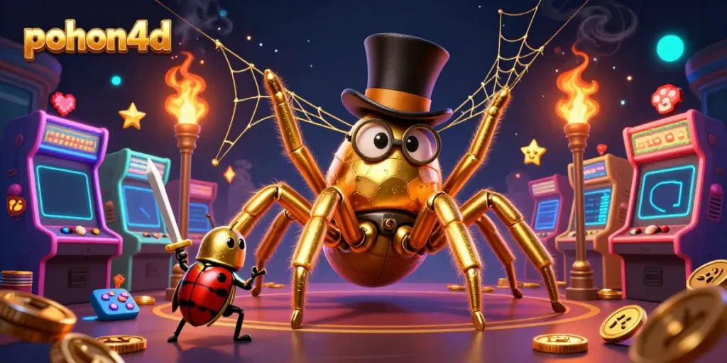 Experience exciting gaming with pohon4d, featuring a giant tarantula and adventures in a vibrant casino.