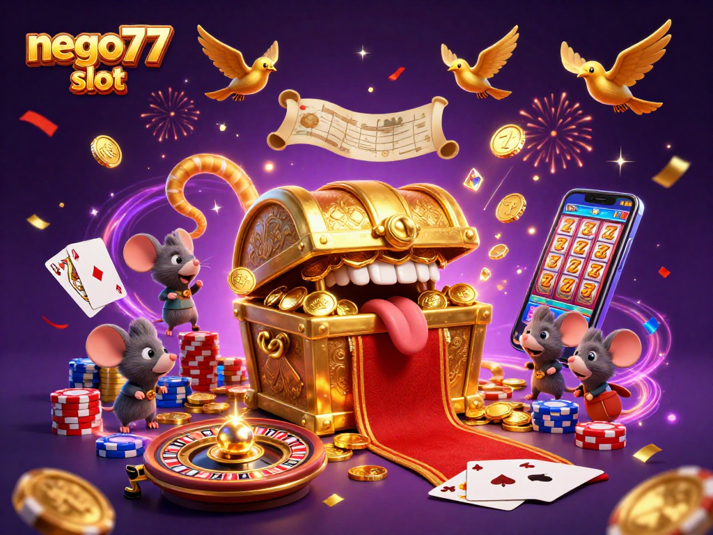 Spin the reels with nego77 slot in a vibrant casino scene filled with treasures and excitement.