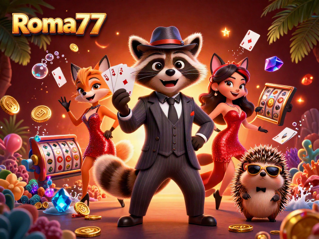 Experience Roma77's thrilling gameplay with a suave raccoon and stylish companions in a vibrant casino scene.