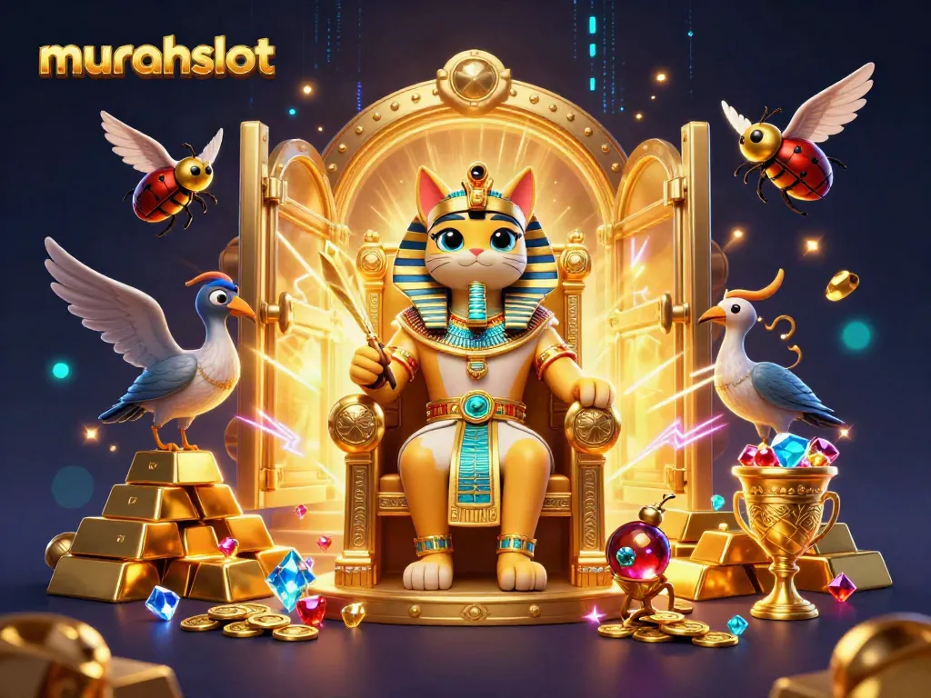 Experience winning opportunities with murahslot, featuring a dynamic scene of a pharaoh cat, treasures, and gaming symbols.