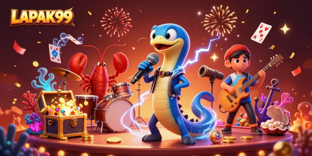 Experience LAPAK99 in a vibrant underwater casino featuring colorful characters and explosive treasures.