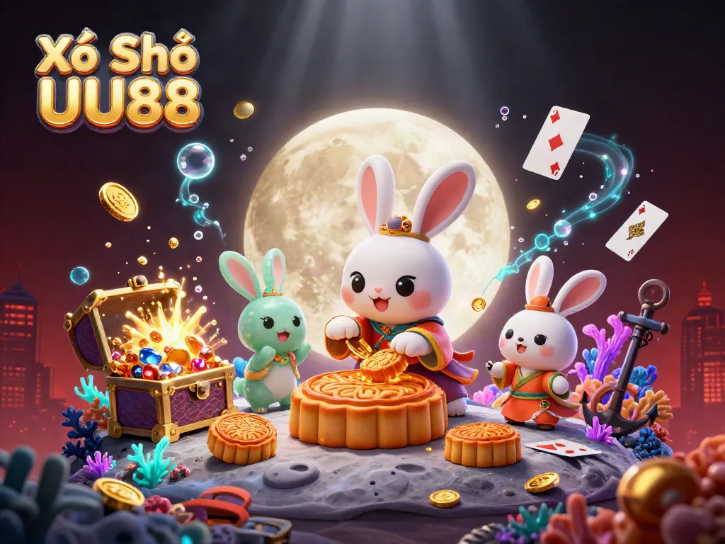 Xổ Số UU88 showcases a moon rabbit with poker chips, embodying the excitement of lottery gameplay.