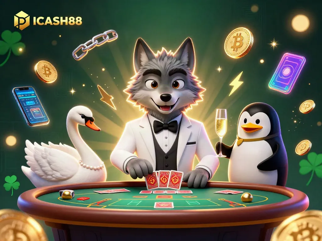 IDCASH88 unleashes excitement at an elegant baccarat table featuring unique characters and vibrant cryptocurrencies.