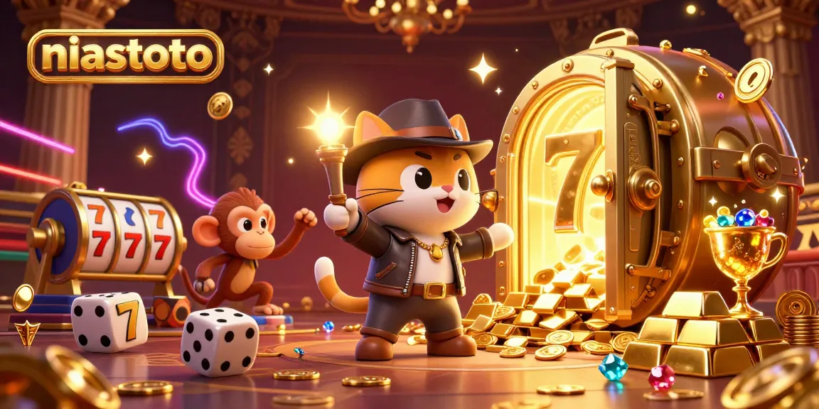 Experience the thrill of niastoto with an adventurous cat uncovering treasures in a dazzling casino.