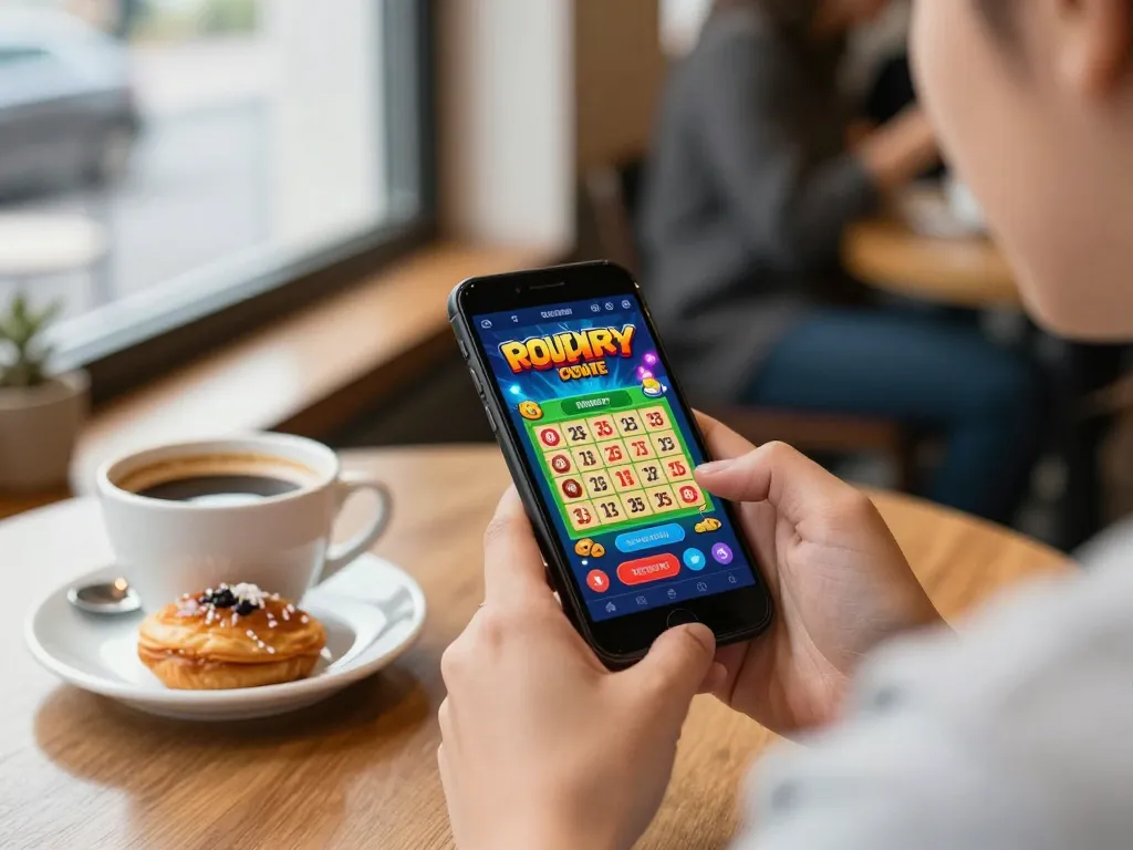 Engaging with the togel online terpercaya game interface on a smartphone amidst a cozy coffee shop atmosphere.