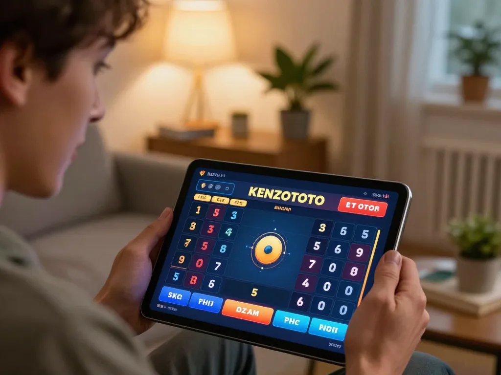 Pemain menikmati permainan KENZOTOTO yang mendebarkan di tablet di ruang tamu yang nyaman, menampilkan pengalaman perjudian online yang menarik.
