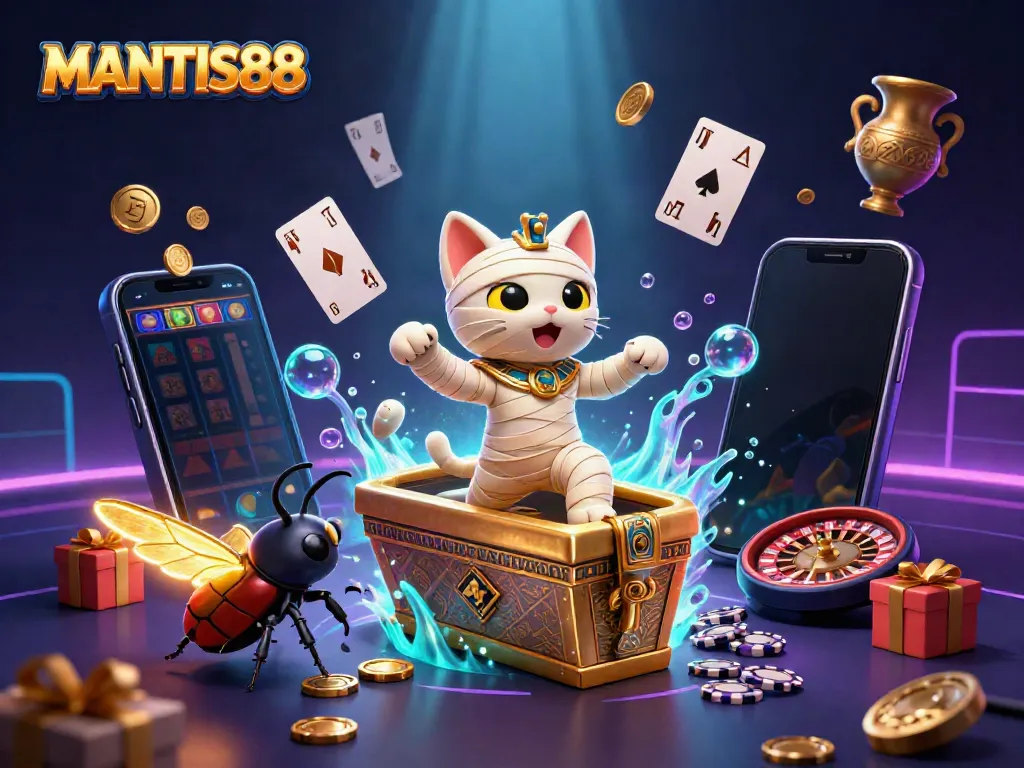 Engage with thrills at MANTIS88, featuring an animated mummy cat adventure in a vibrant casino scene.