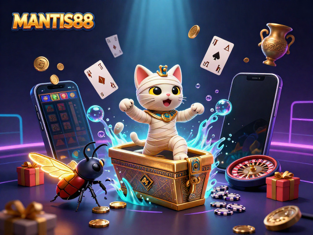 Engage with thrills at MANTIS88, featuring an animated mummy cat adventure in a vibrant casino scene.