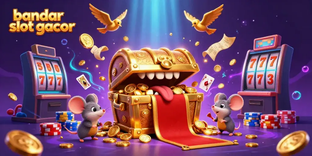 Visualisasi menarik bandar slot gacor dengan karakter unik dan elemen kasino yang dinamis.