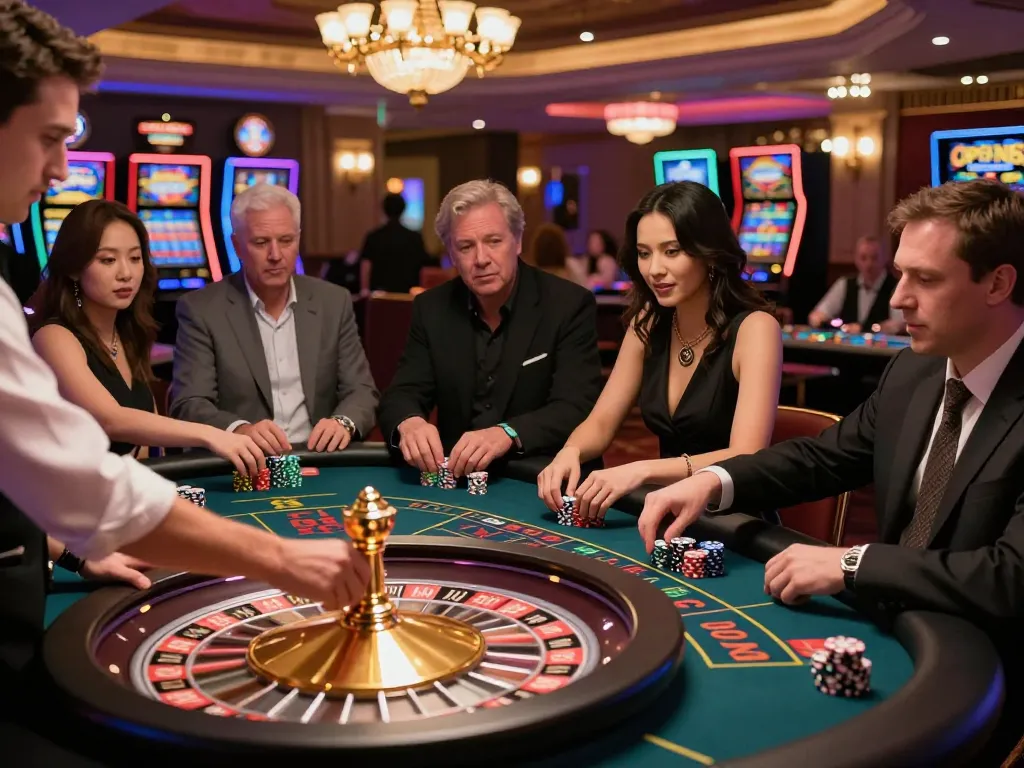 Players enjoying a thrilling roulette game at OPEN88 casino, showcasing dynamic betting action and high energy.