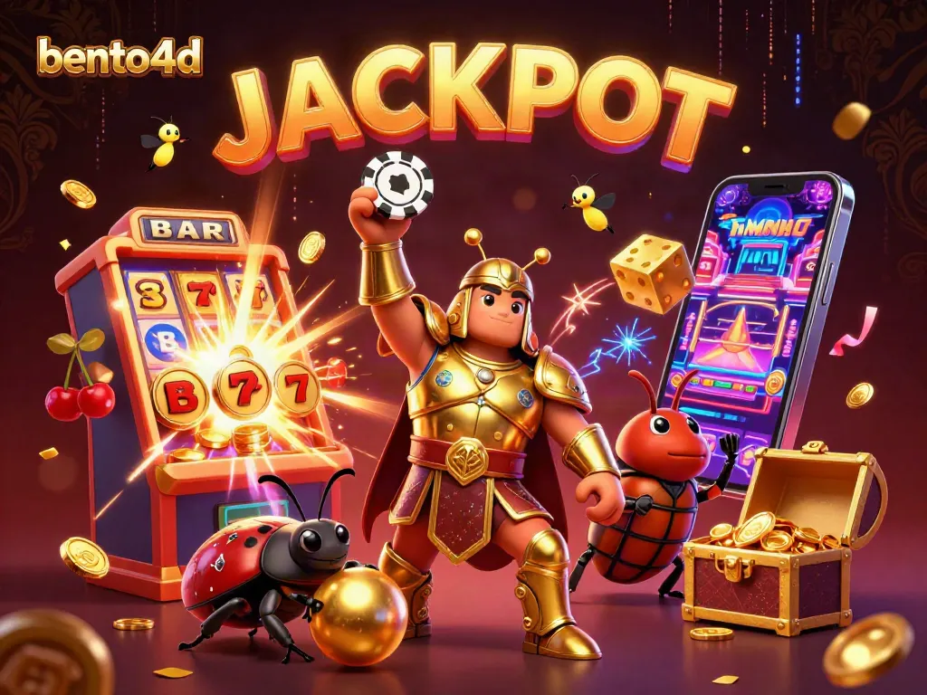 Bento4d celebrates a jackpot moment with cartoon beetles and casino elements in a vibrant, dynamic illustration.