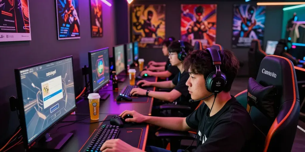 Pengguna mendaftar di ratutogel login di lounge gaming modern dengan cahaya LED.