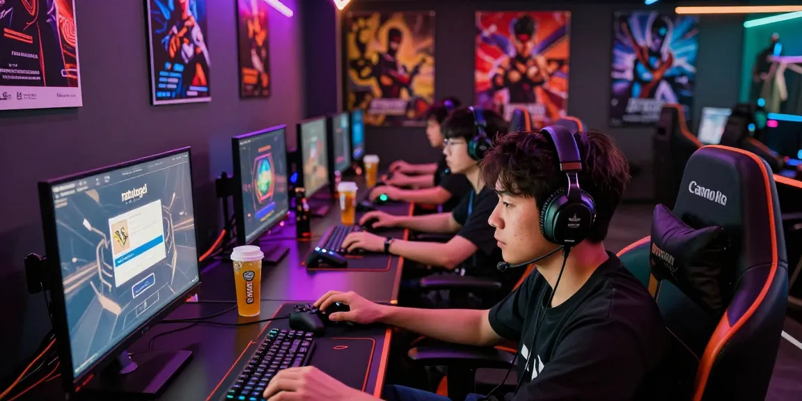 Pengguna mendaftar di ratutogel login di lounge gaming modern dengan cahaya LED.