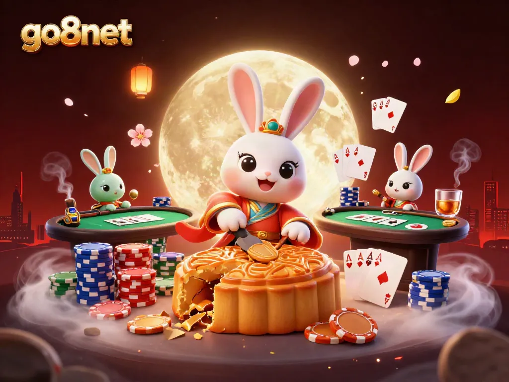 Experience thrilling poker action with go8net as a moon rabbit pounds mooncakes revealing chips.