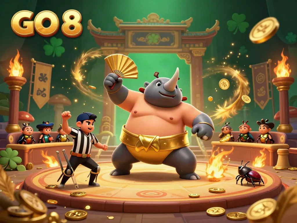 Experience thrilling action with GO 8 as our rhinoceros beetle sumo champion stomps gold coins in this vibrant casino scene.