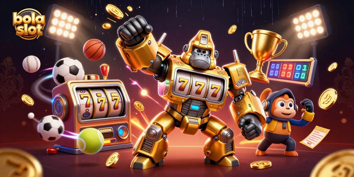 Play exciting bola slot games with a vibrant golden gorilla mech and dynamic sports elements