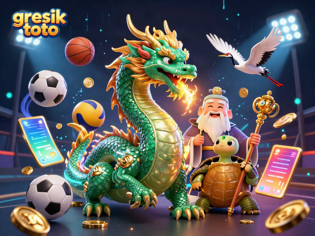Experience the thrill of gresik toto with a dynamic illustration featuring a jade dragon and lucky symbols.