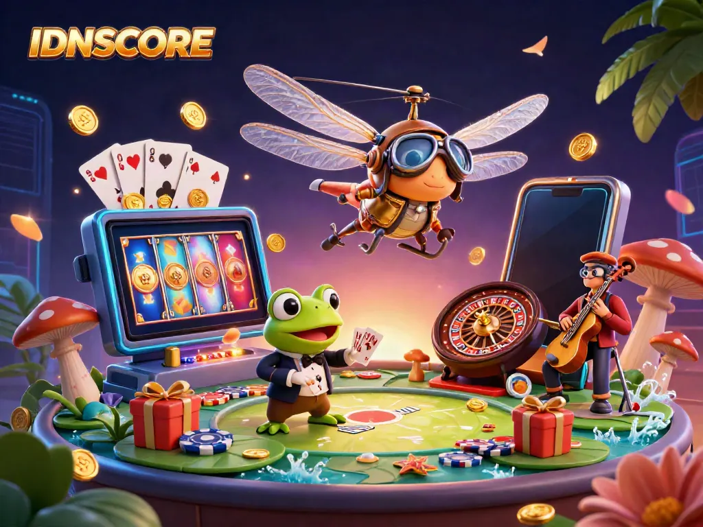 Experience thrilling gameplay with IDNSCORE at a vibrant lily pad casino featuring a dragonfly pilot.