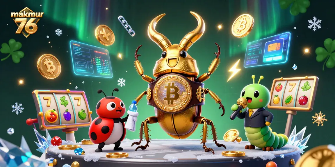 makmur 76 showcases a dynamic 3D scene with a golden stag beetle and casino elements.