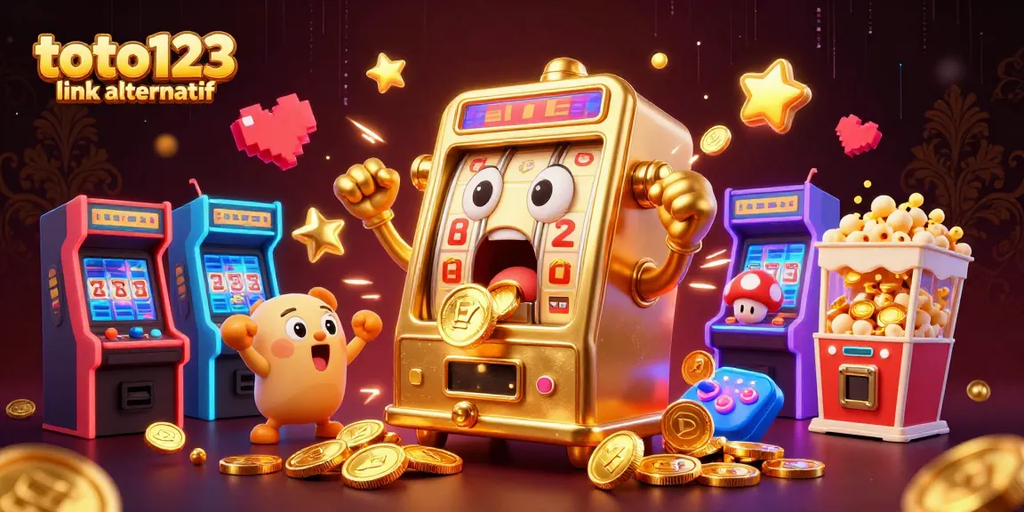 Toto123 link alternatif showcases a joyous jackpot moment as a golden slot machine celebrates winning with cheering baby slots and illuminated game elements.