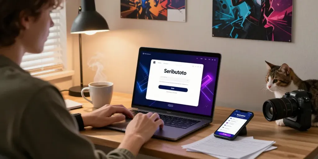 Login Seributoto di ruang kerja rumah yang nyaman dengan suasana hangat dan santai.